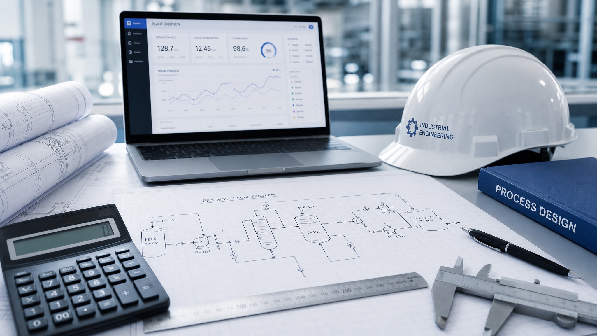 An engineer’s desk: a process diagram, a ruler and the calculator open on screen